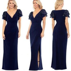 Betsy & Adam Navy Blue Sequin V-Neck Flutter Sleeve Gown